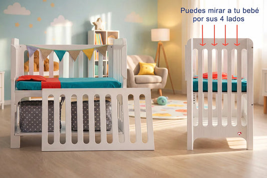 Cuna colecho 4 en 1 modelo Destellos, vista lateral con ventilación en sus cuatro lados para mantener al bebé siempre visible y seguro.