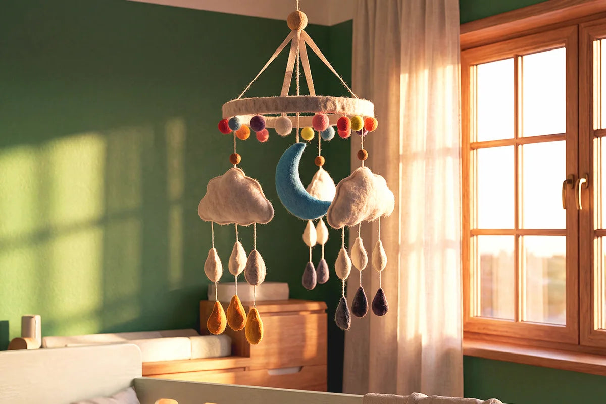 Móvil artesanal para cuna colecho con figuras suaves colgantes, ideal para estimular los sentidos del bebé