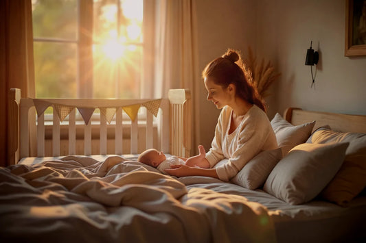 Mamá estimulando a su bebé mientras descansan junto a una cuna colecho 4 en 1 de Cunas Colecho México, fomentando un colecho seguro y cercano.