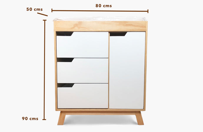 ♥️ Mueble Cambiador de pañales chico 3 cajones y una repisa con puerta