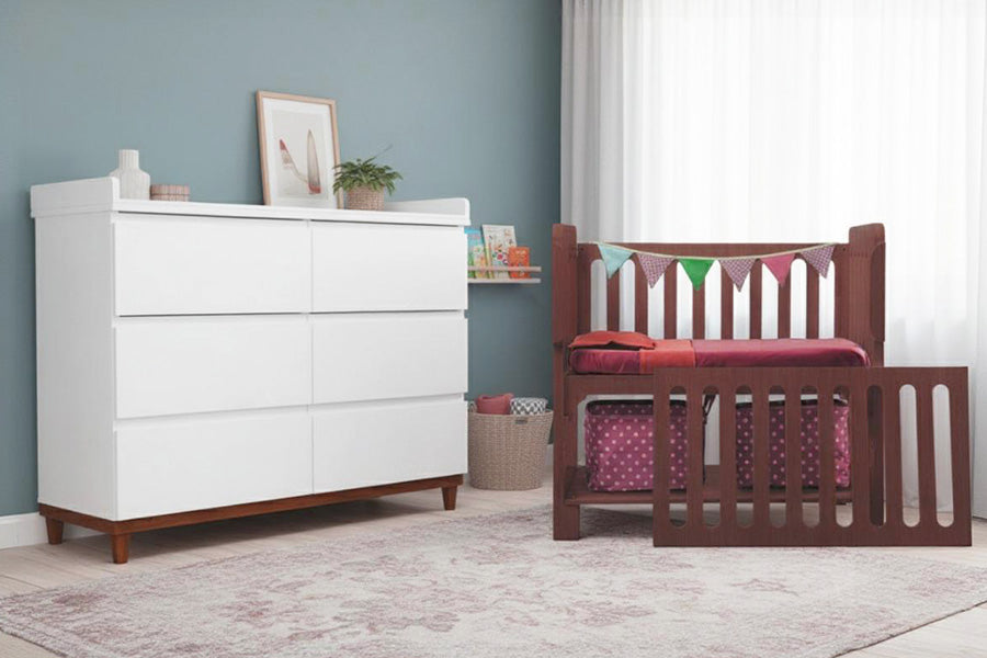 Cambiador grande para bebé con cajonera y medidas visibles, mueble amplio para organización infantil