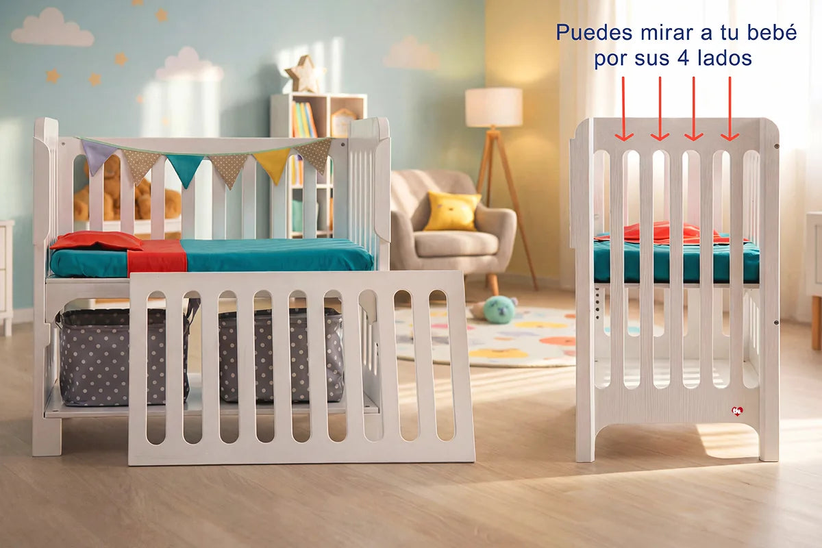 Cuna colecho 4 en 1 modelo Destellos, vista lateral con ventilación en sus cuatro lados para mantener al bebé siempre visible y seguro.
