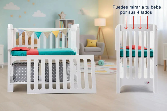 Cuna colecho 4 en 1 modelo Destellos, vista lateral con ventilación en sus cuatro lados para mantener al bebé siempre visible y seguro.