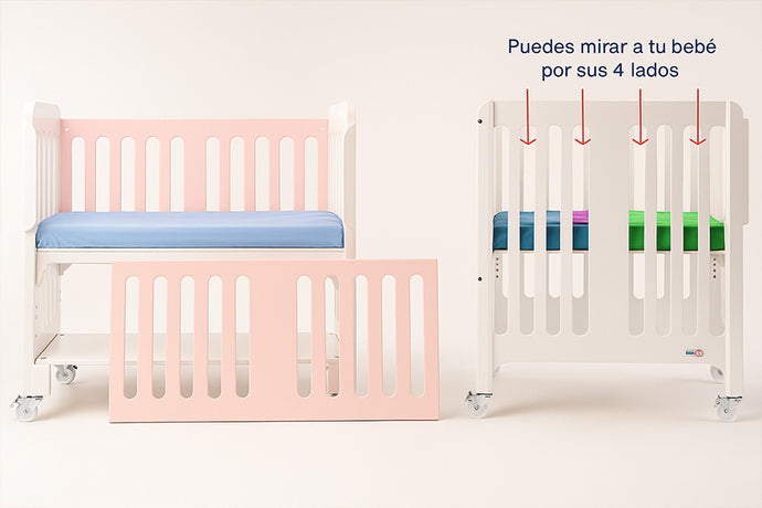 Cuna colecho gemelar blanca y rosa modelo única, vista lateral y frontal mostrando diseño ventilado en los cuatro lados para máxima visibilidad de tus bebés. Mueble funcional para dormir seguro y cerquita del recién nacido. Ideal para gemelos, hecha en México.