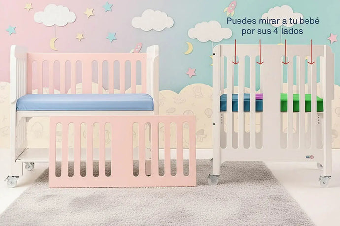 Cuna colecho gemelar blanca y rosa modelo única, vista lateral y frontal mostrando diseño ventilado en los cuatro lados para máxima visibilidad de tus bebés. Mueble funcional para dormir seguro y cerquita del recién nacido. Ideal para gemelos, hecha en México.