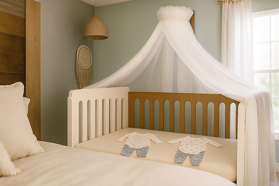 Cuna colecho gemelar junto a la cama en ambiente real, pensada para familias que reciben a dos bebés. Imagen que transmite cercanía, funcionalidad y calma para acompañar las noches desde el nacimiento con seguridad y amor.