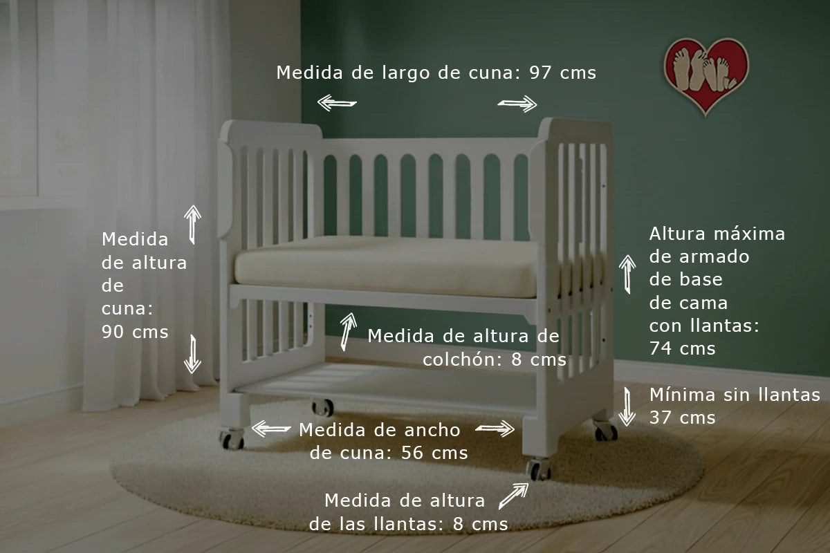 Diagrama de medidas de la Cuna Colecho 4 en 1 Modelo Destellos, con dimensiones de 97 × 56 cm y alturas ajustables para adaptarse a camas altas o bajas. Incluye niveles de altura, ruedas antiderrapantes y diseño compacto para un colecho seguro desde el nacimiento. Cuna funcional y fabricada en México.