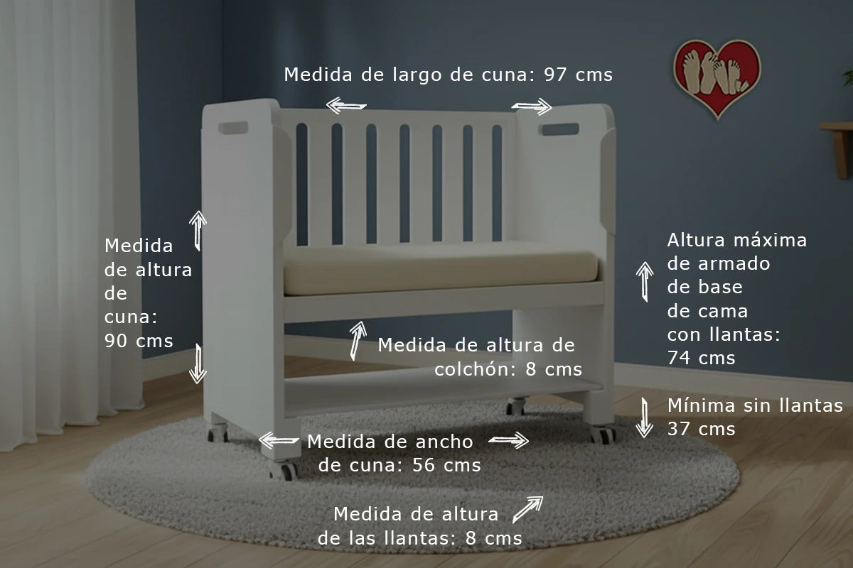 Cuna colecho 4 en 1 con medidas completas: 97 cm de largo, 56 cm de ancho y 90 cm de altura. Incluye altura del colchón de 8 cm, niveles de ajuste de 37 a 74 cm para adaptarse a camas altas o bajas y opción de llantas de 8 cm de alto. Cuna segura, estable y funcional para dormir cerquita del bebé, con diseño evolutivo y tamaño ideal para pasar por cualquier puerta del hogar.