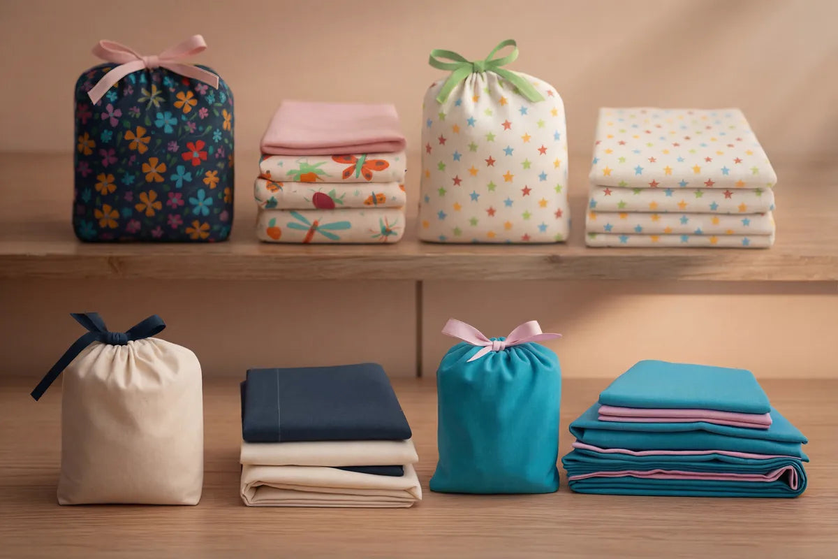 Sábanas y juegos de ropa de cuna para cuna colecho 4 en 1 de Cunas Colecho México, organizados en bolsas y paquetes listos para usar