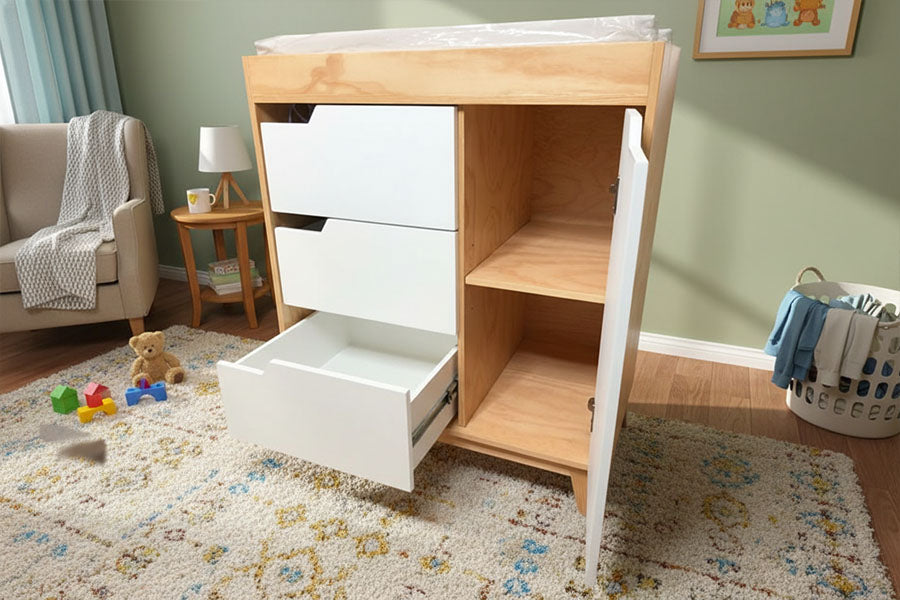 Mueble cambiador para bebé con cajones y repisa abierta, solución práctica de almacenamiento