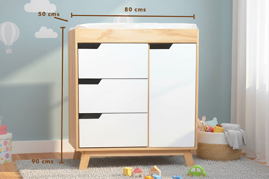 Mueble cambiador para bebé con 3 cajones y repisa con puerta, diseño funcional y seguro de Cunas Colecho México