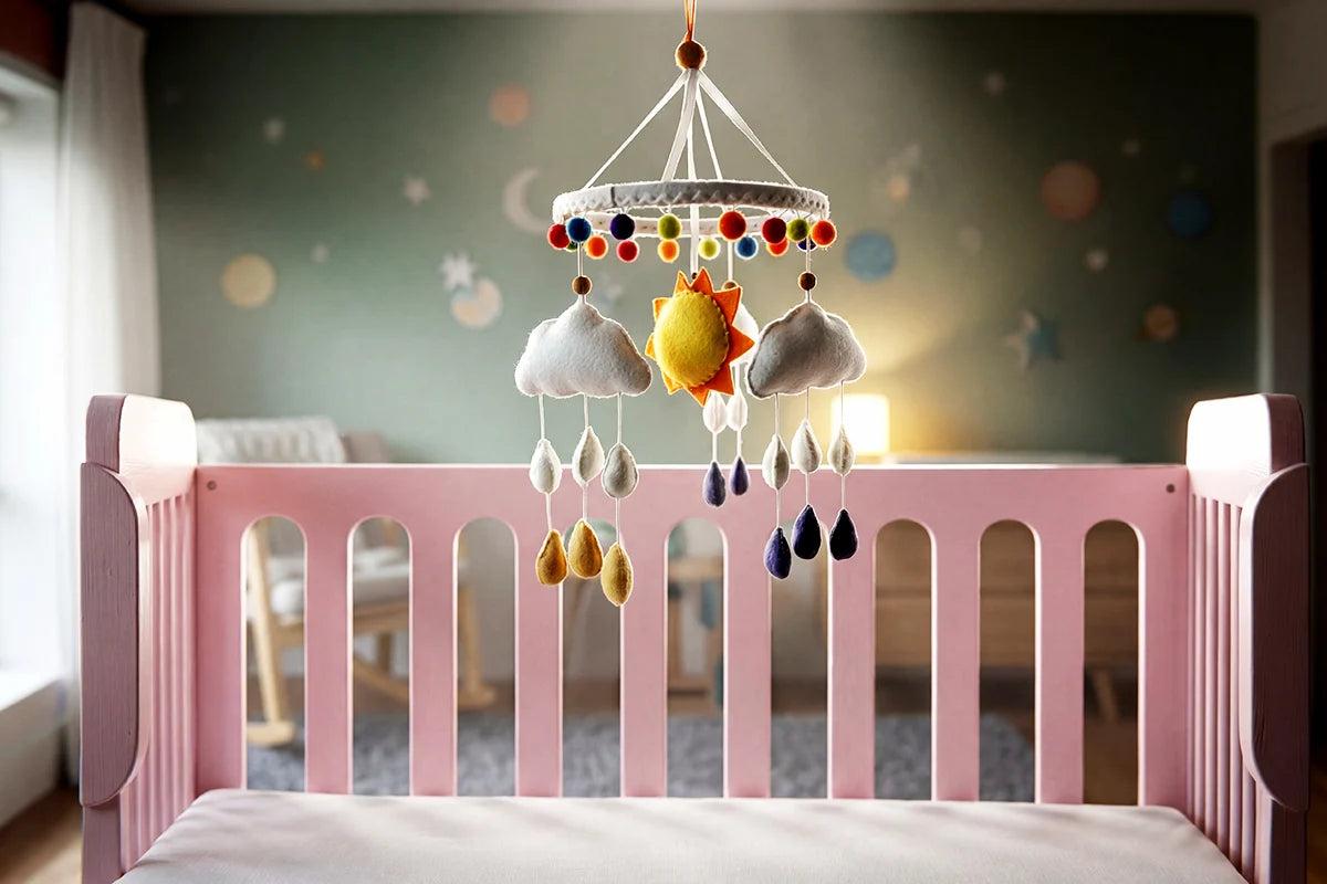 Móvil infantil hecho a mano con figuras colgantes, ideal para acompañar la cuna colecho