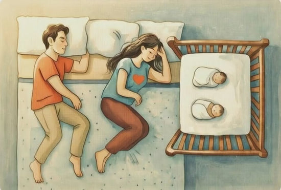 Video de pareja colechando feliz con sus gemelos en posición pies hacia el corazón.