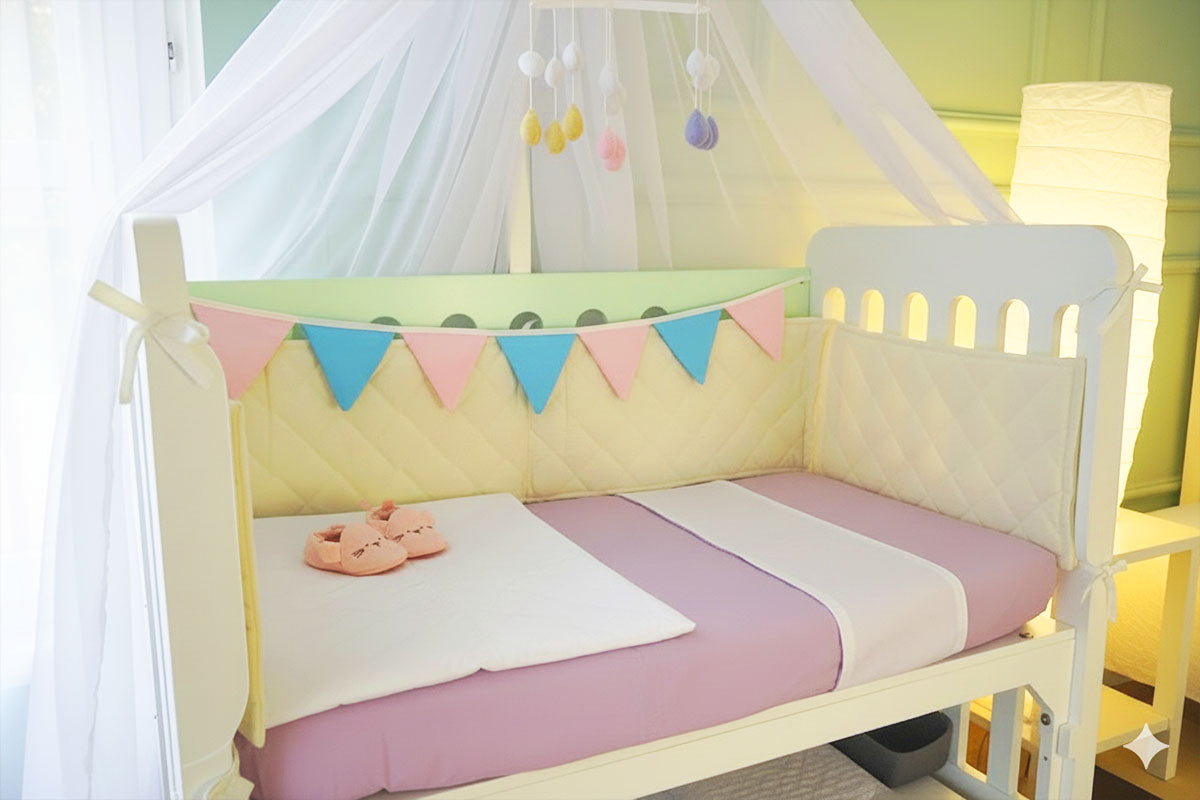 Protector de barandal para cuna colecho tipo bumper de 3 lados, acolchado y con amarres seguros para mayor protección del bebé